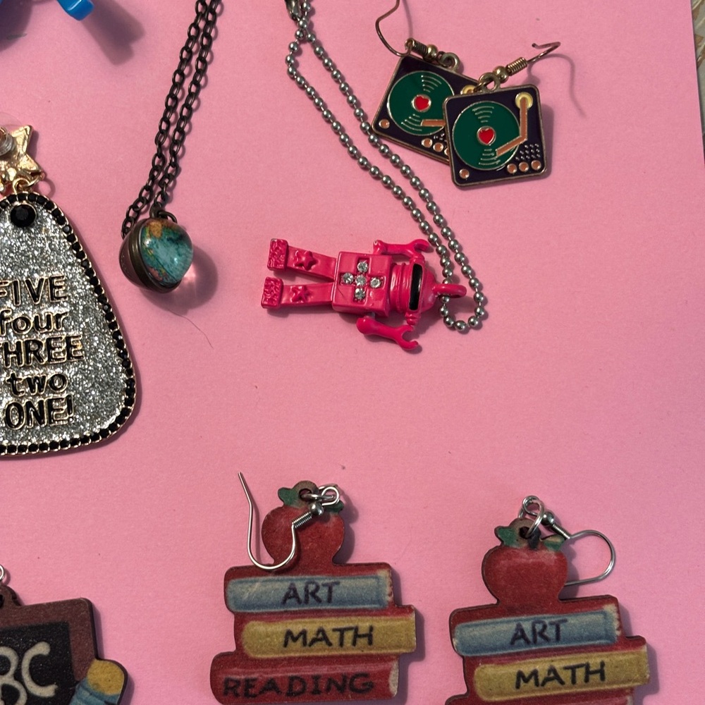 Fun Pierced Earring Lot of 15 and 2 Necklaces Statement Unique Artsy Teacher - Picture 3 of 12